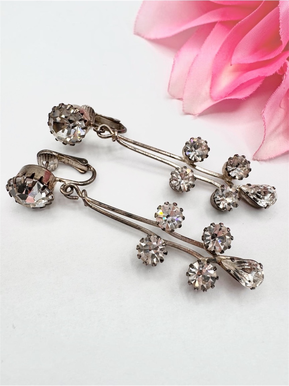 Big Vintage Crystal Rhinestone Drop Earrings Converted To Pierced Prong Set Glam